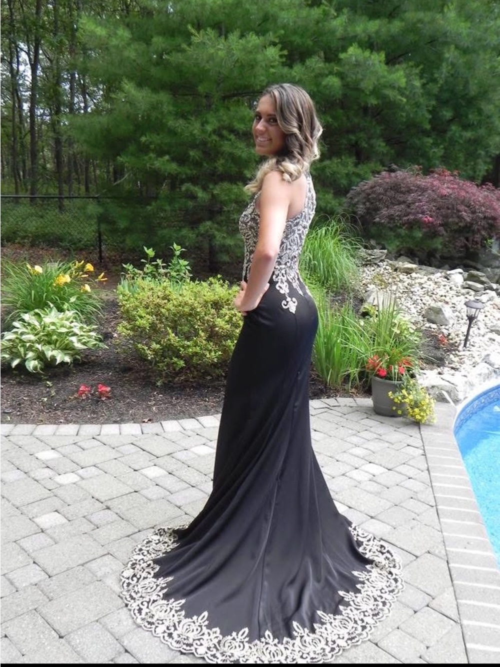 Elegant Black Prom Gown with Ivory Lace Accents